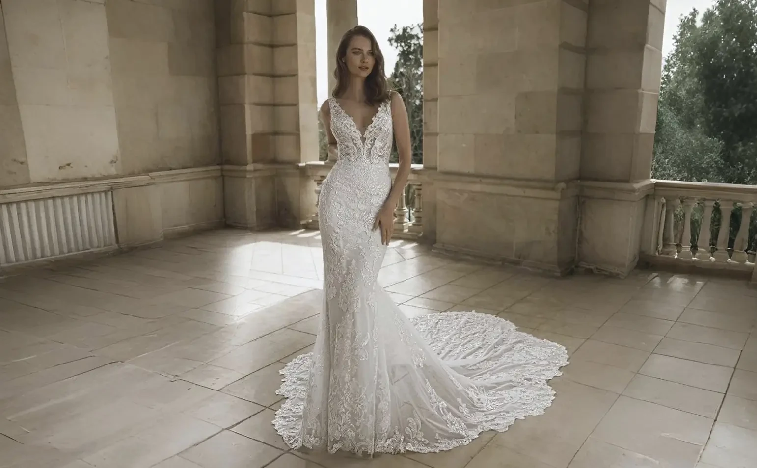 Model wearing a white wedding dress