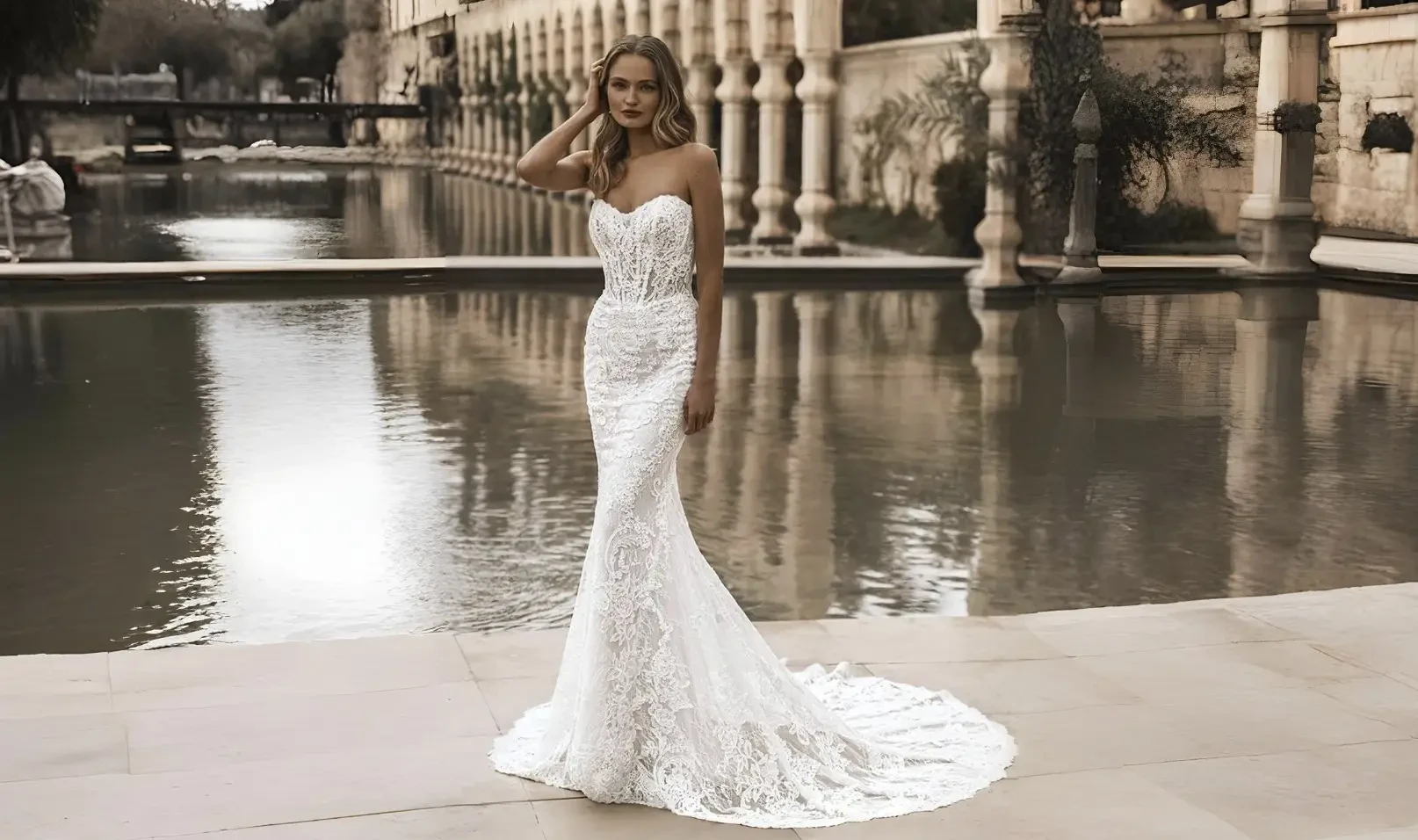 Model wearing a white wedding dress