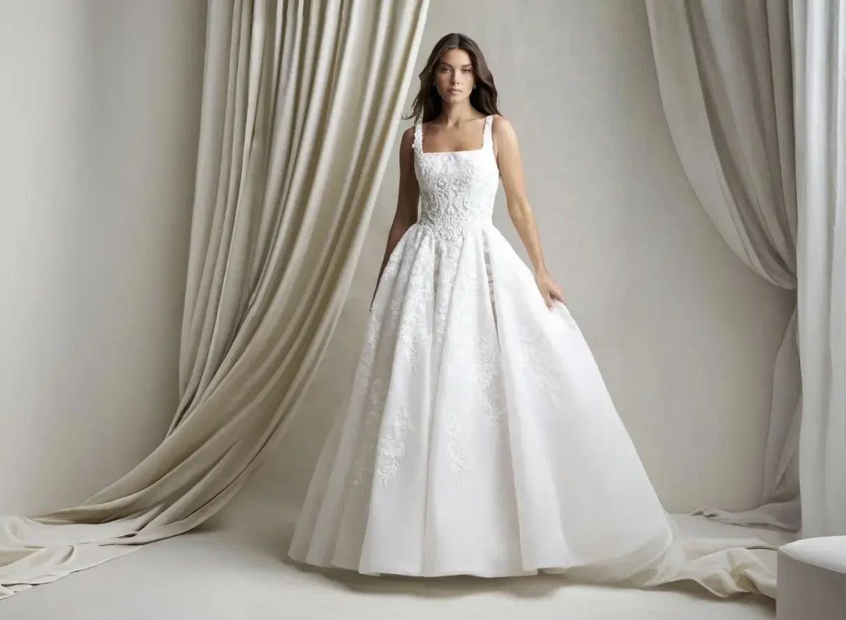 Model wearing a white wedding gown.