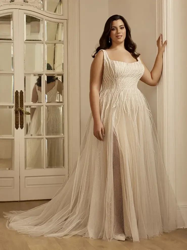 Model wearing a white wedding dress