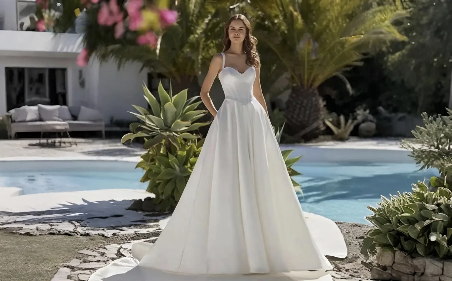 Model wearing a white wedding dress