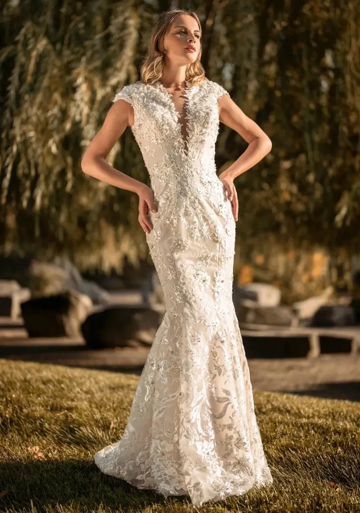 Model wearing a white wedding dress