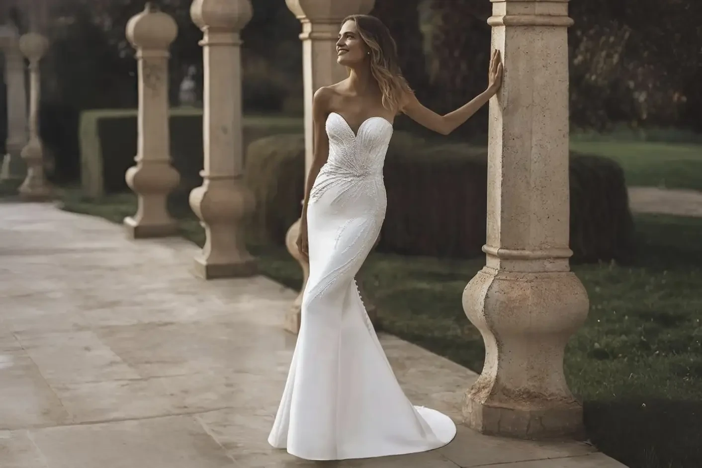 Model wearing a white wedding dress