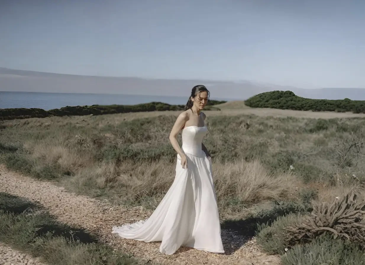 Model wearing a white wedding dress