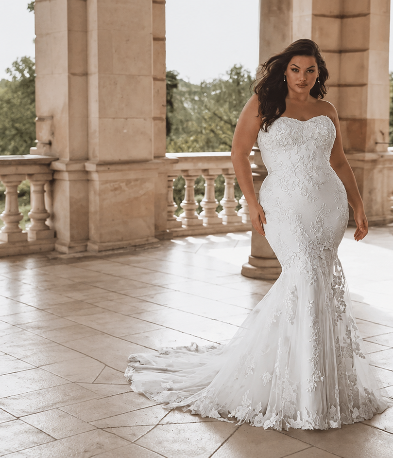 Model wearing a white wedding dress
