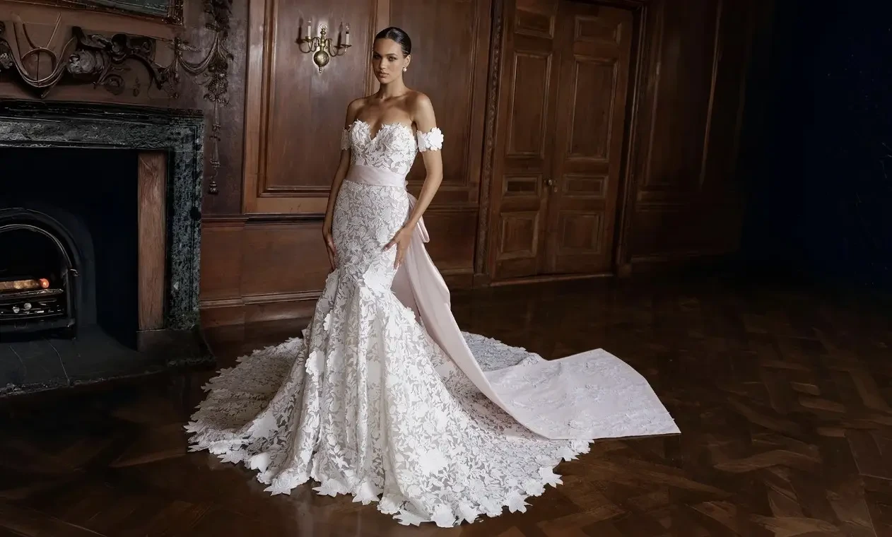 Model wearing a white wedding dress