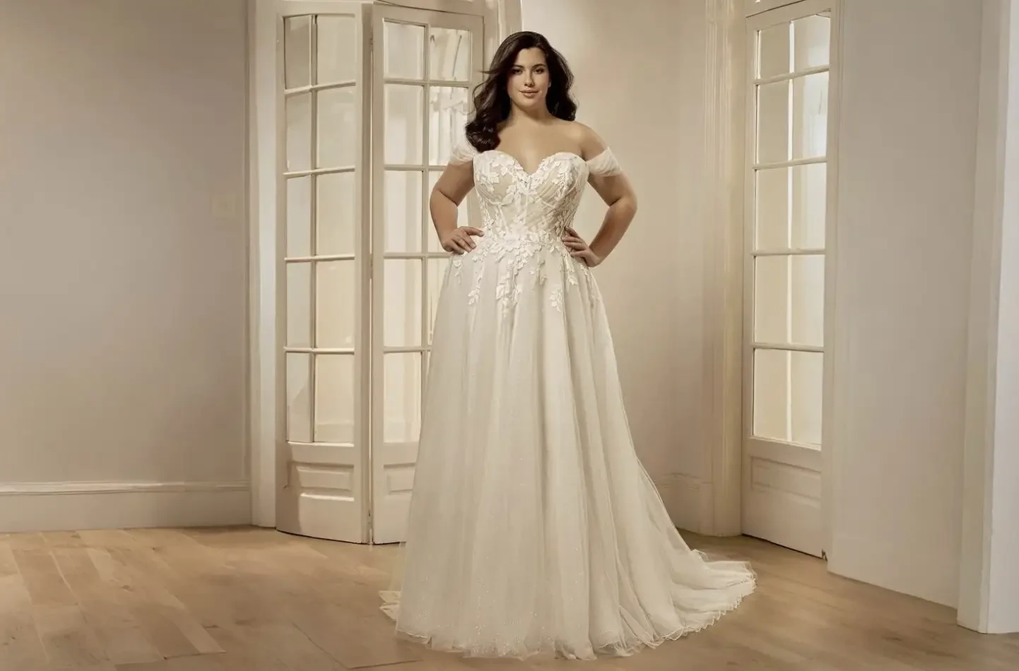 Model wearing a white wedding dress