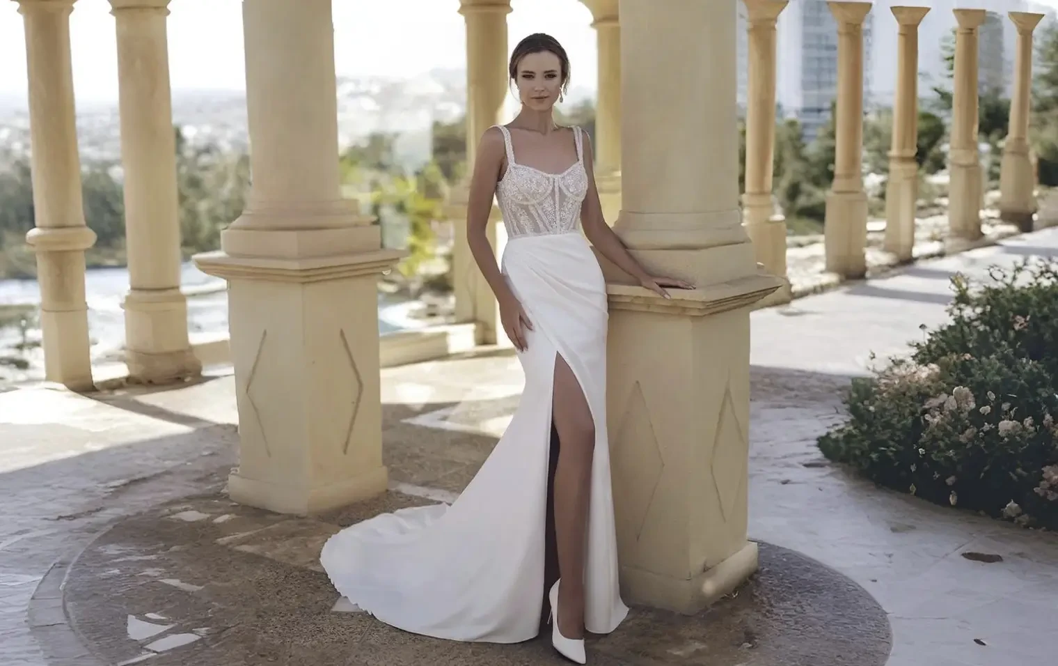 Model wearing a white wedding dress