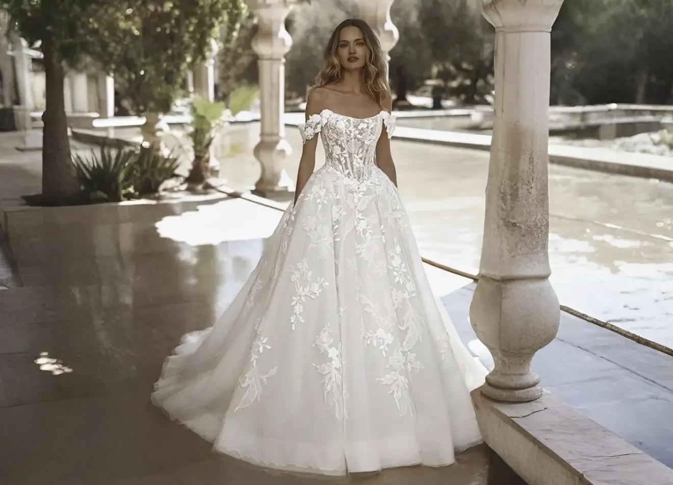 Model wearing a white wedding dress