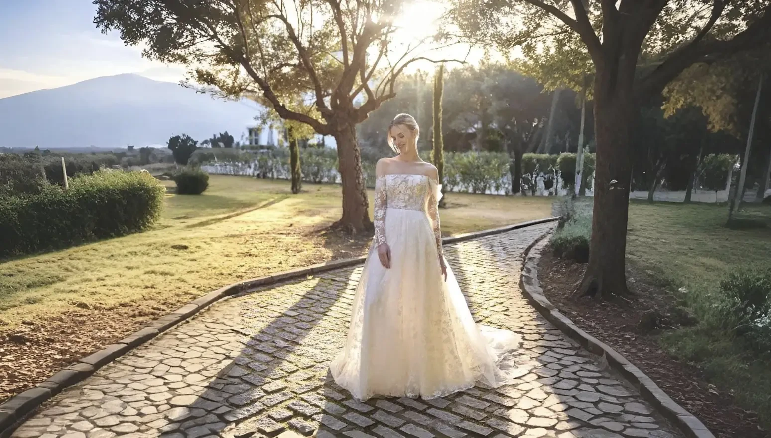 Model wearing a white wedding dress