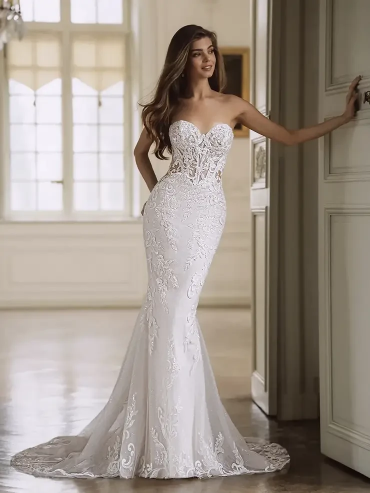 Model wearing a white wedding dress