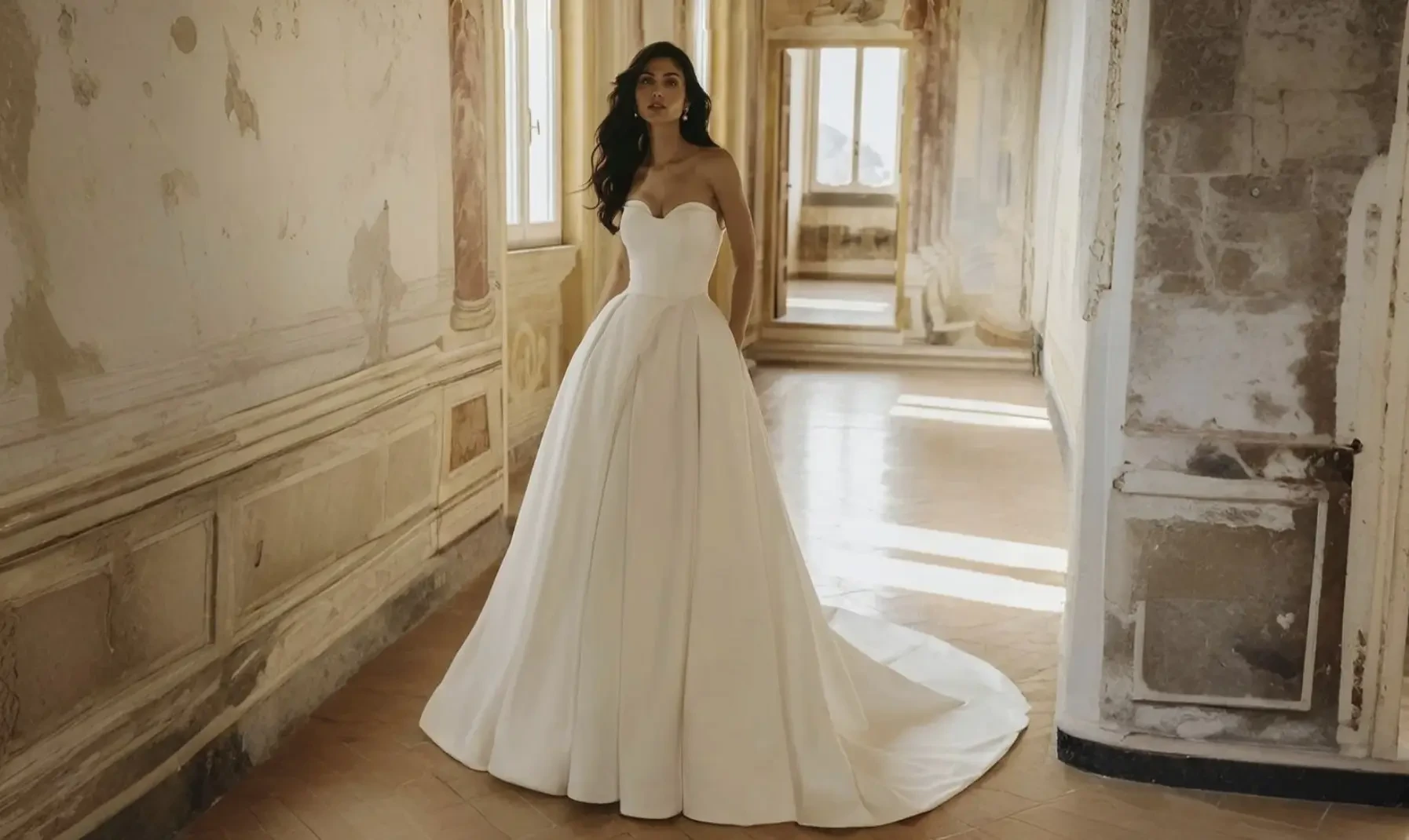 Model wearing a white wedding dress