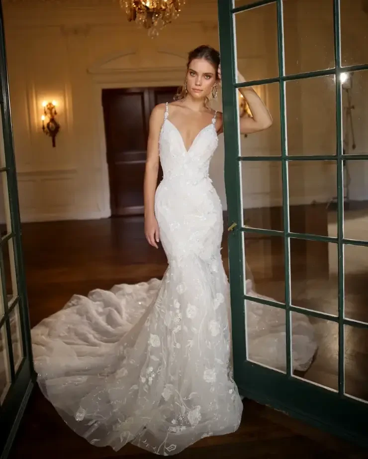 Model wearing a white wedding dress