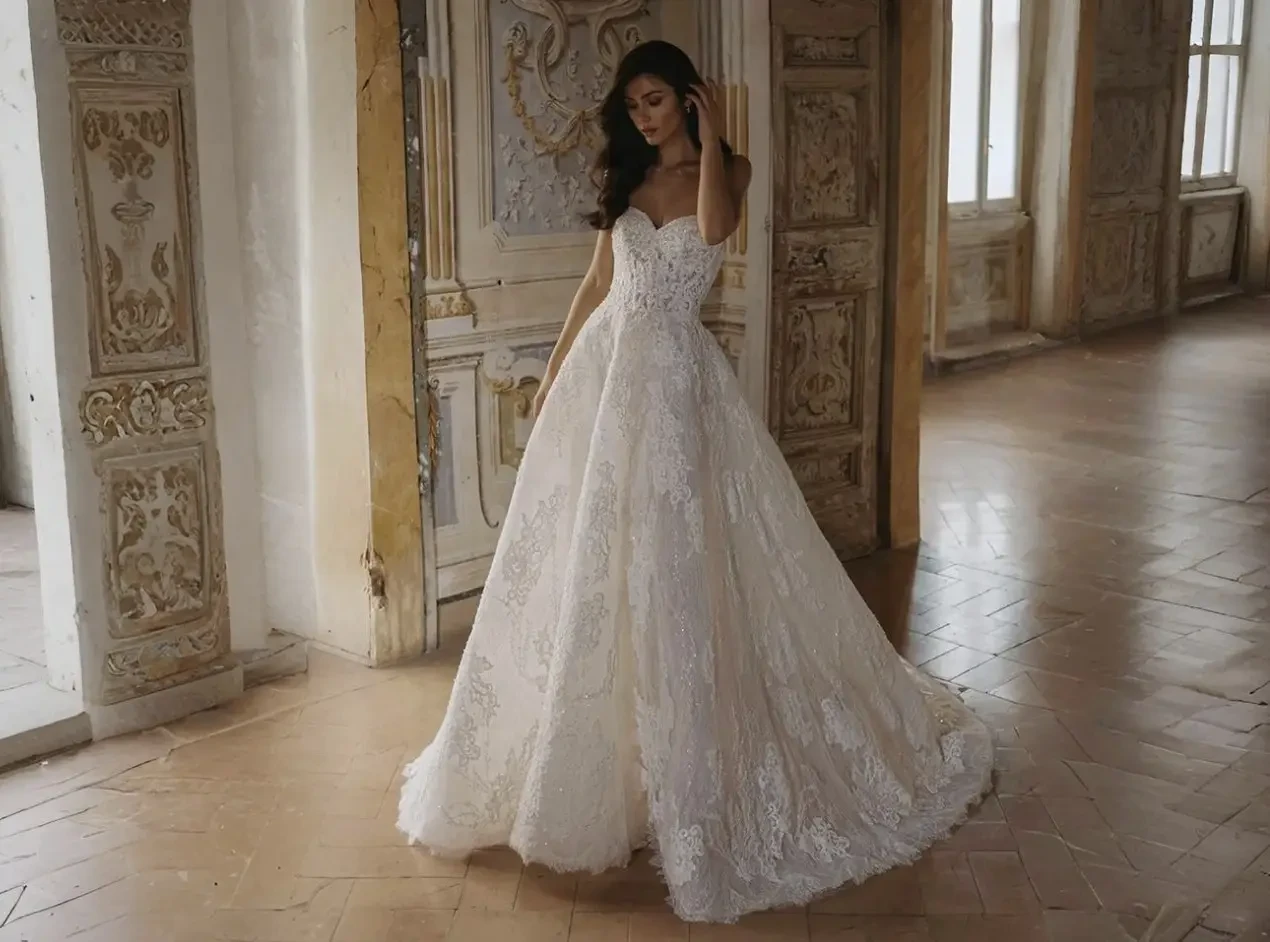 Model wearing a white wedding dress