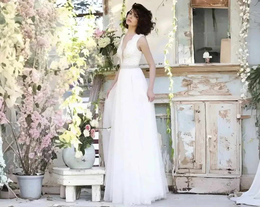 Model wearing a white wedding dress