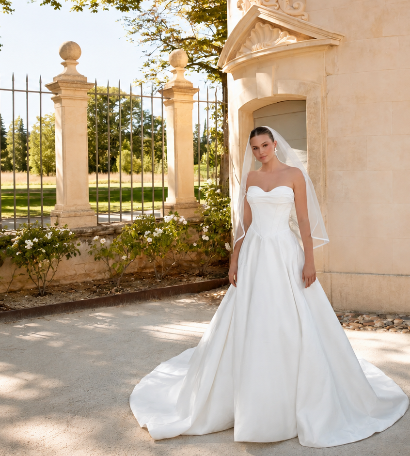 Model wearing a white wedding dress