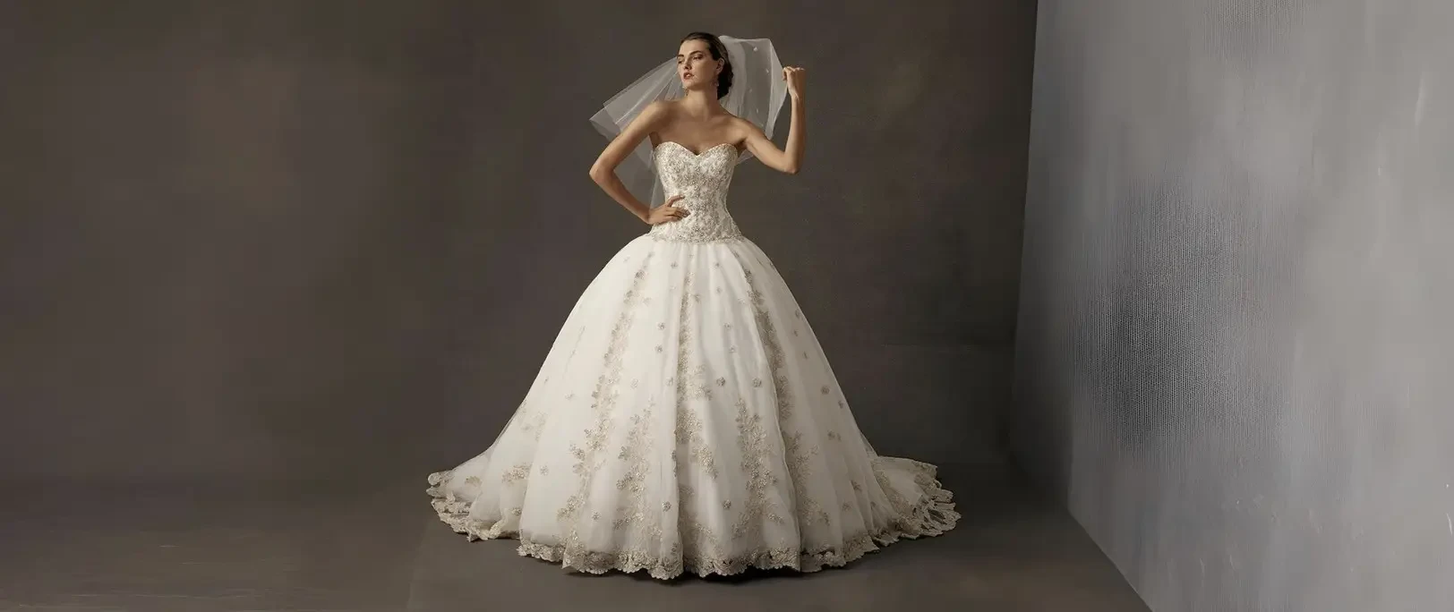 Model wearing a white wedding dress