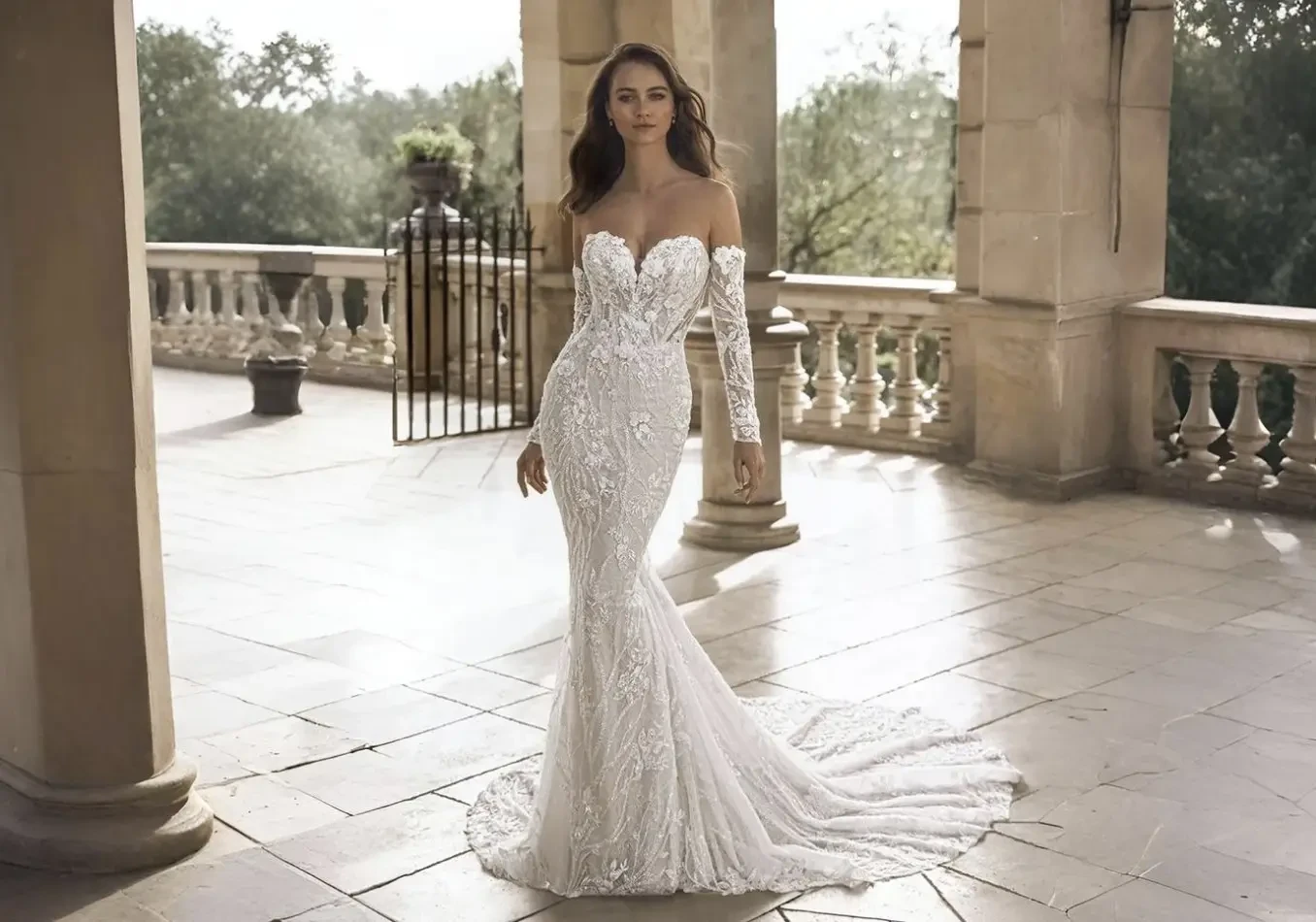 Model wearing a white wedding dress