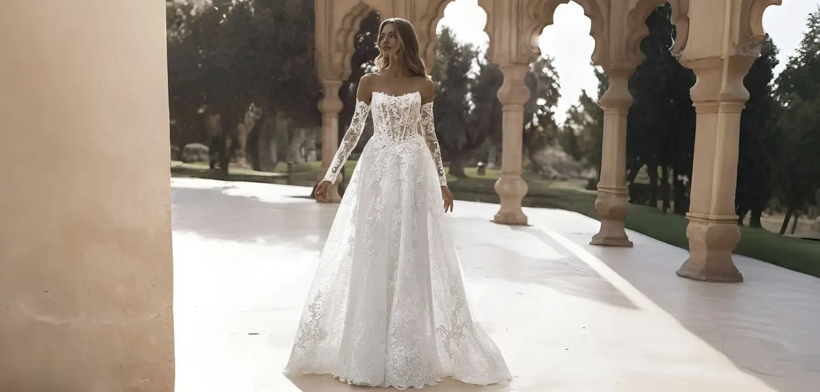 Model wearing a white wedding dress