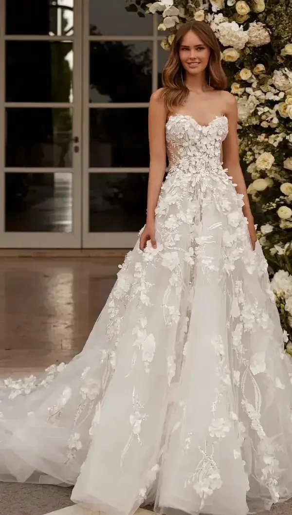 Model wearing a white wedding dress