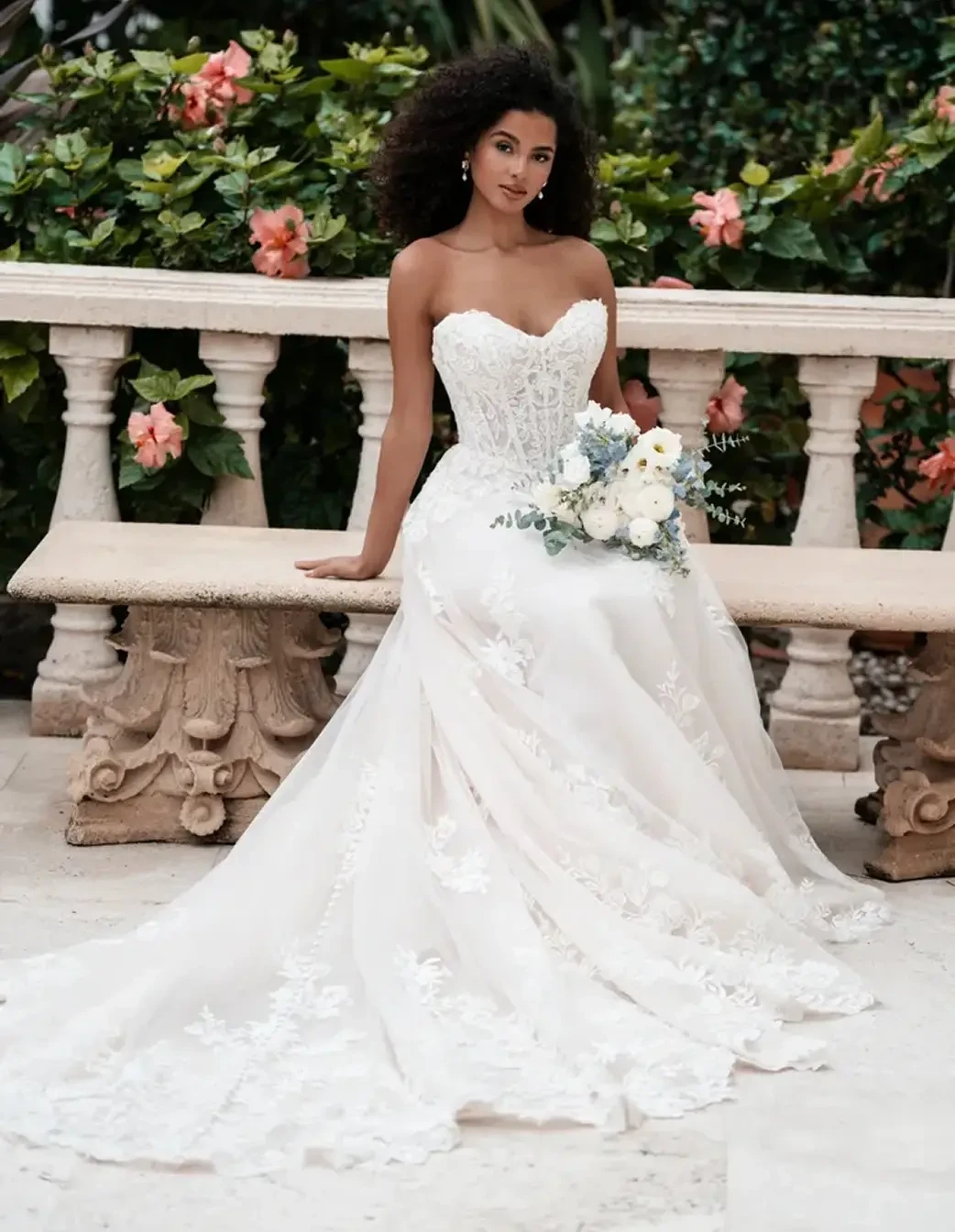 Model wearing a white wedding dress