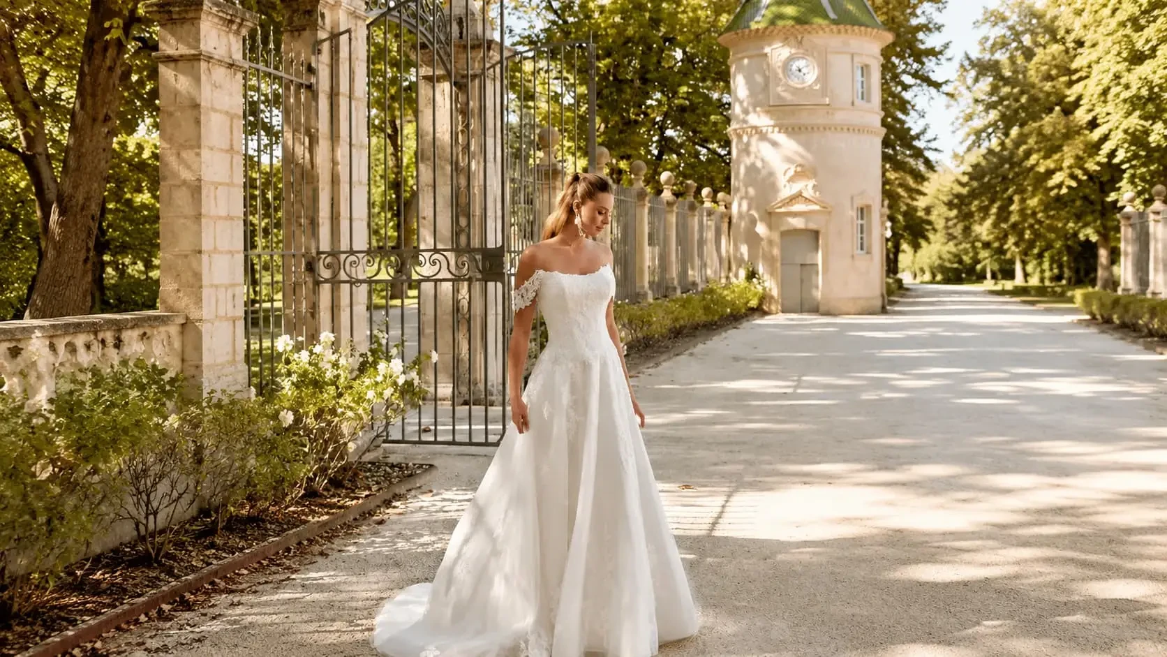 Model wearing a white wedding dress