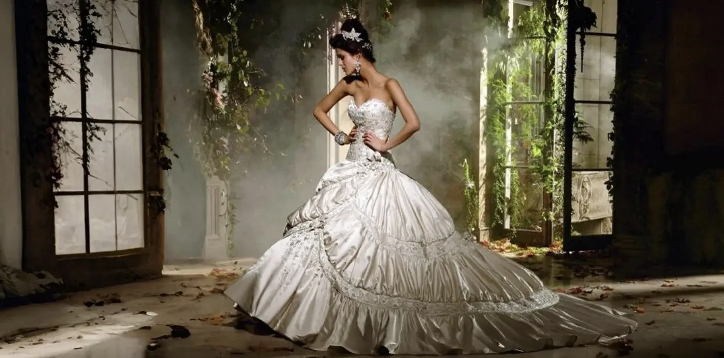 Model wearing a white wedding dress