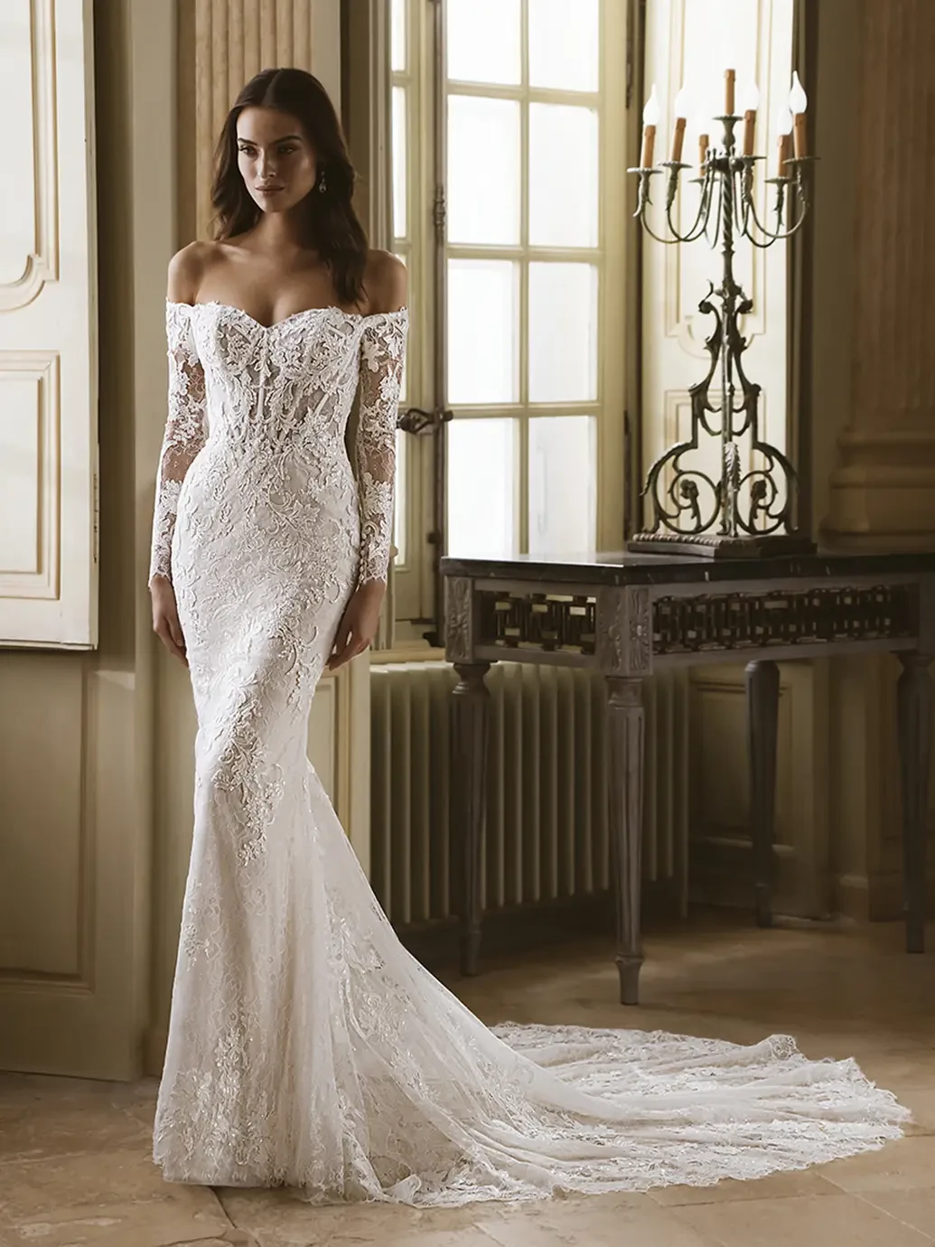 Model wearing a white wedding dress