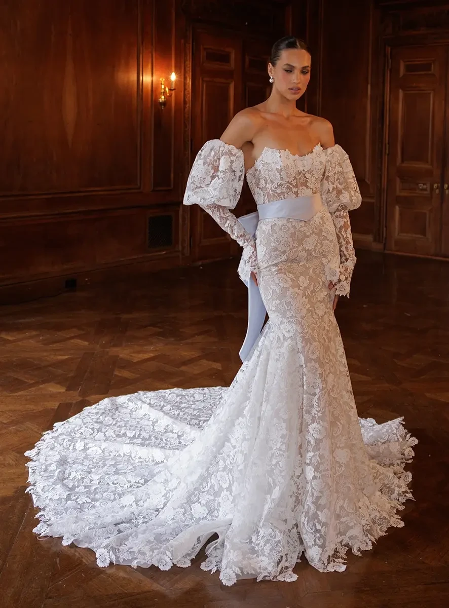 Model wearing a white wedding dress