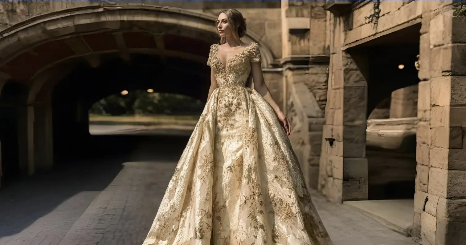 Model wearing a white wedding dress