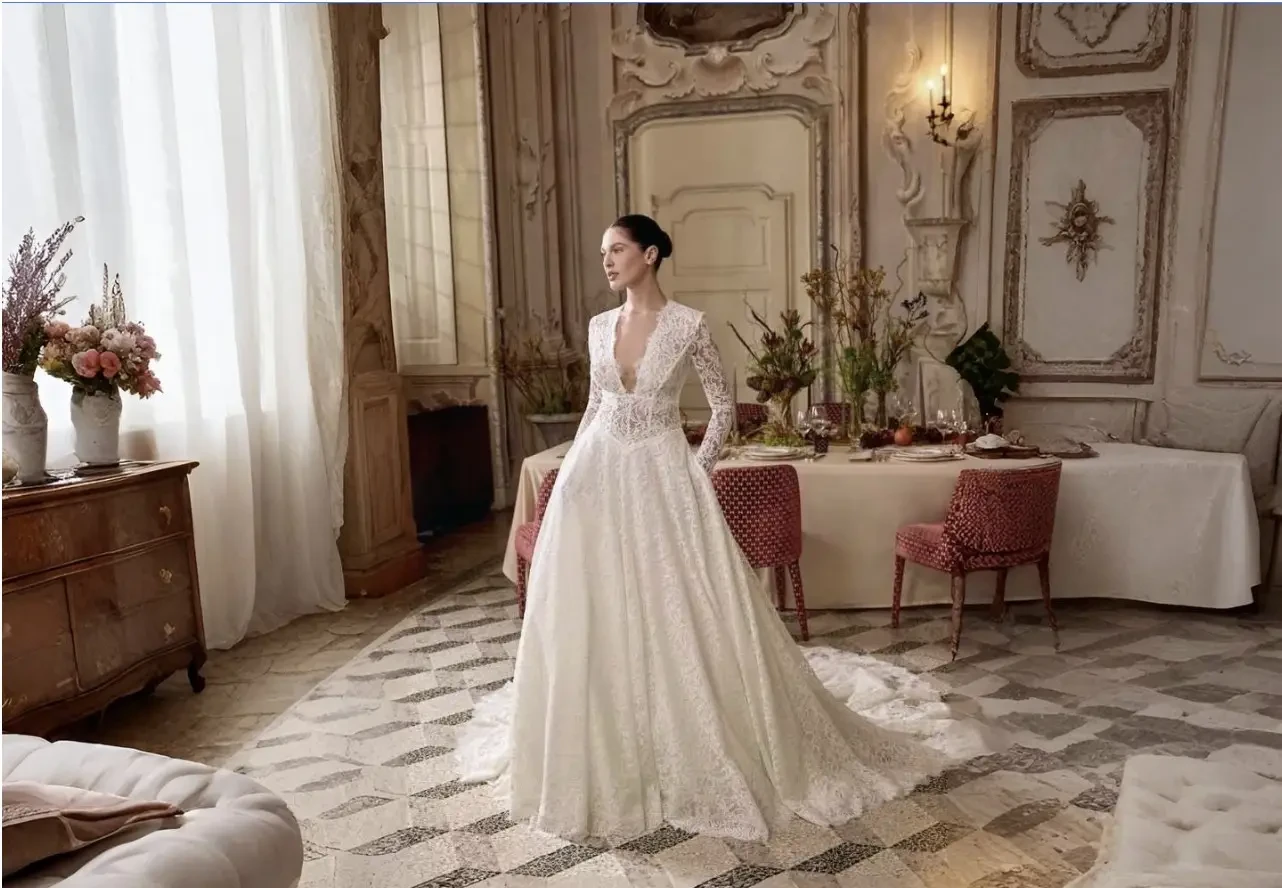 Model wearing a white wedding dress