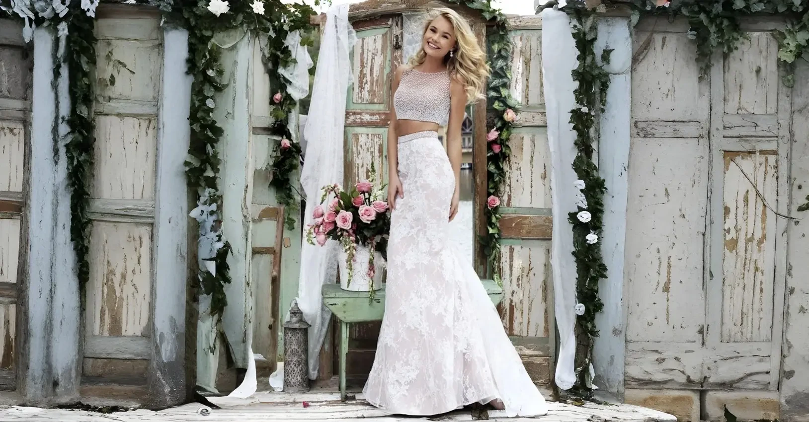 Model wearing a white wedding dress