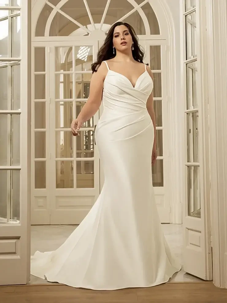 Model wearing a white wedding dress