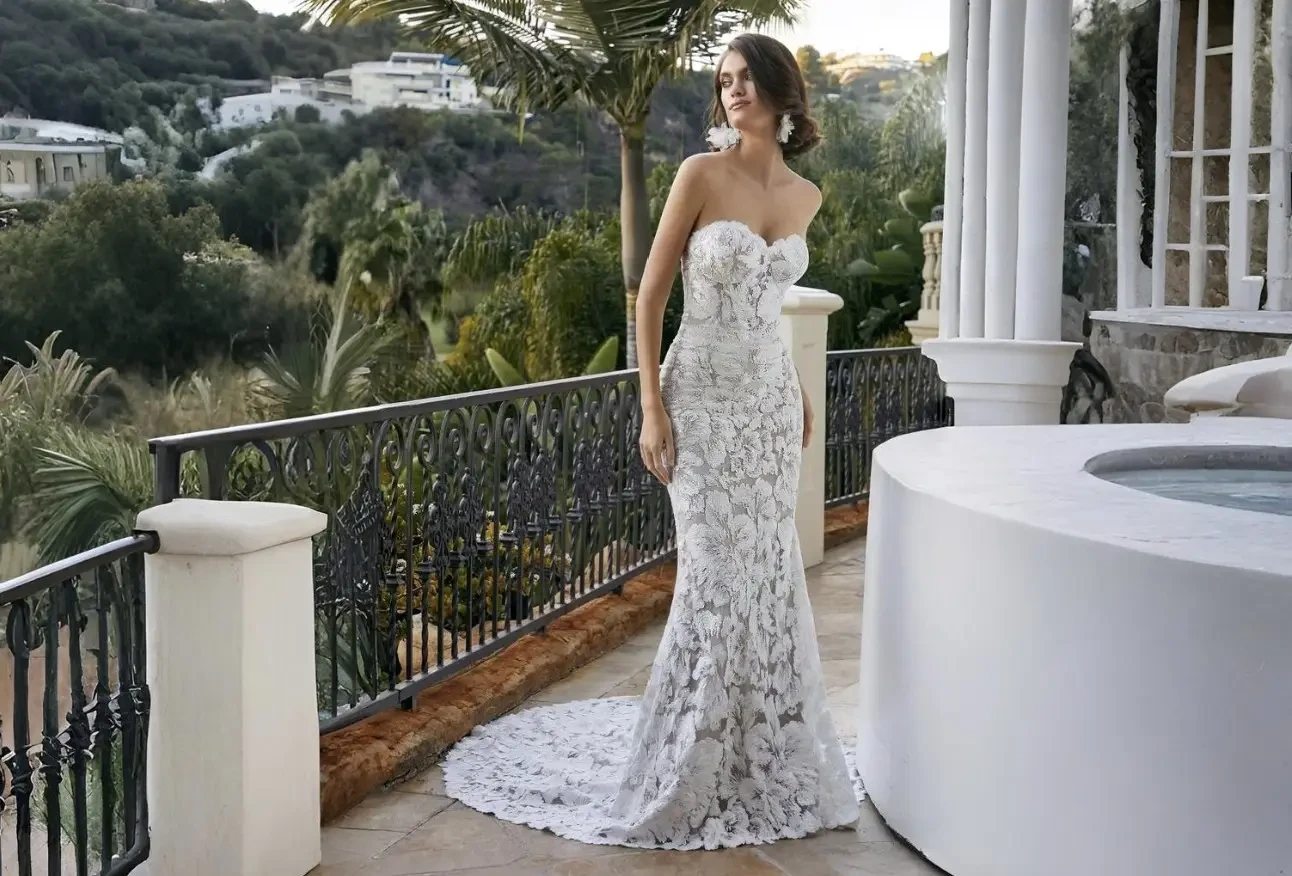 Model wearing a white wedding dress