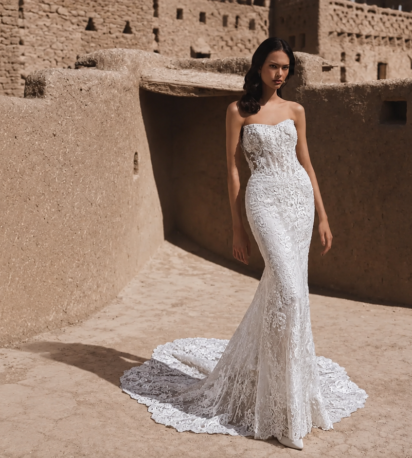Model wearing a white wedding dress
