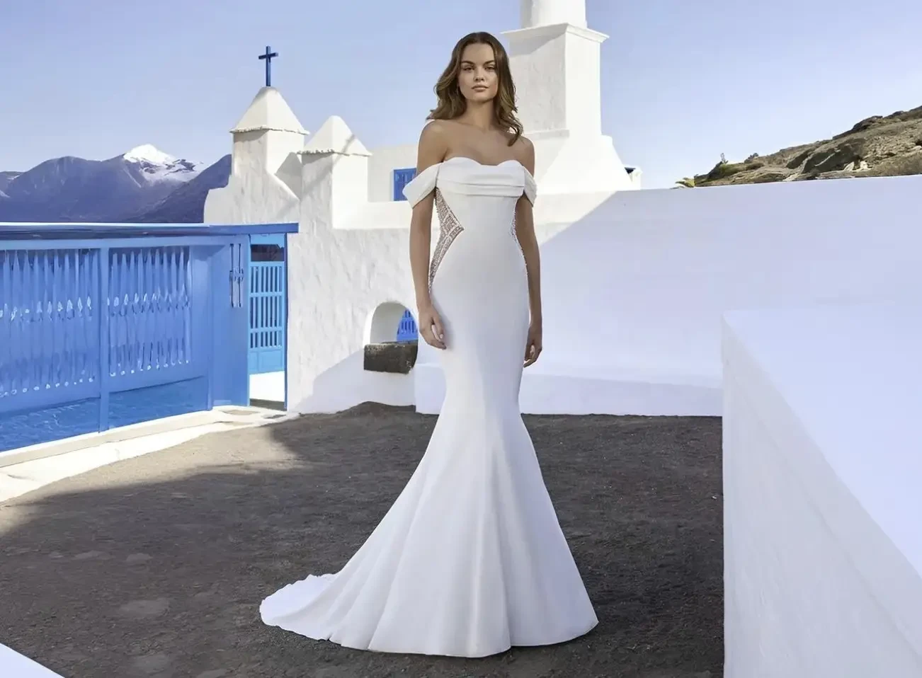 Model wearing a white wedding dress