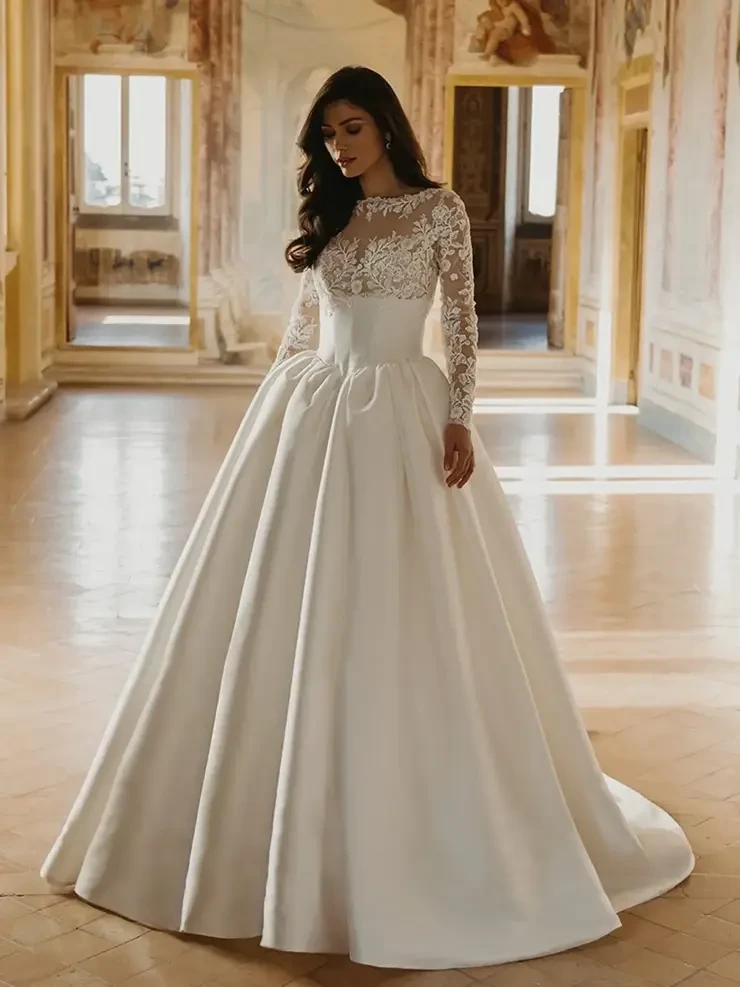 Model wearing a white wedding dress