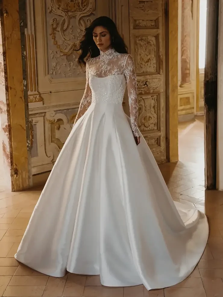 Model wearing a white wedding dress