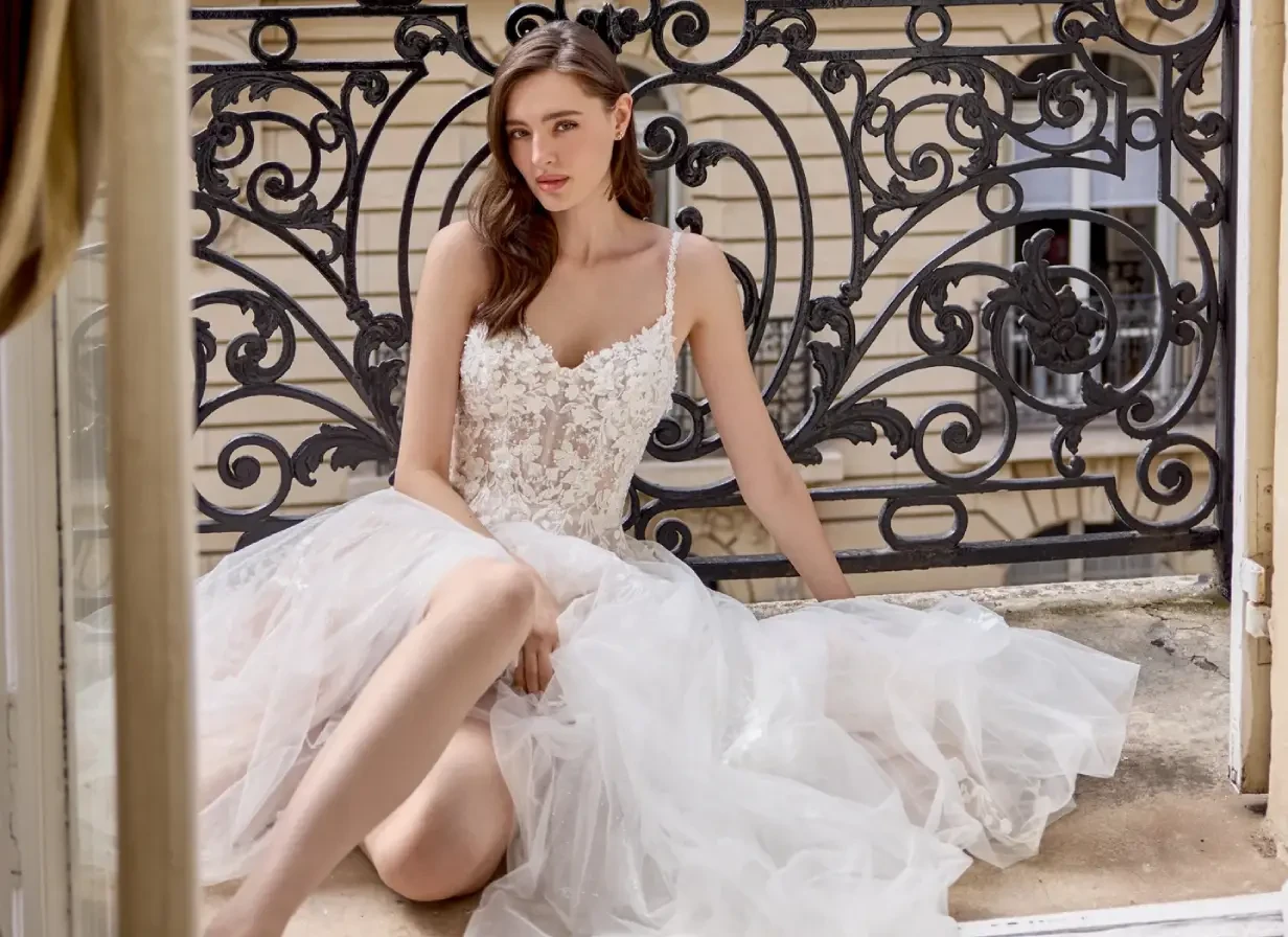 Model wearing a white wedding dress