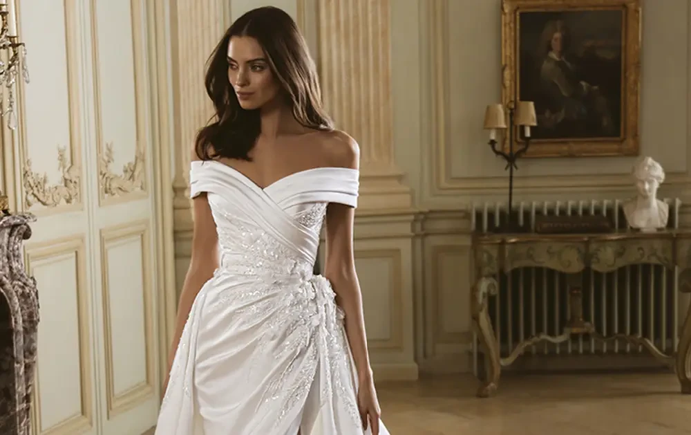 Model wearing a white wedding dress