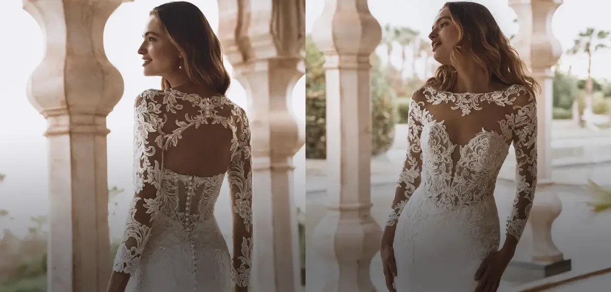 Model wearing a white wedding dress