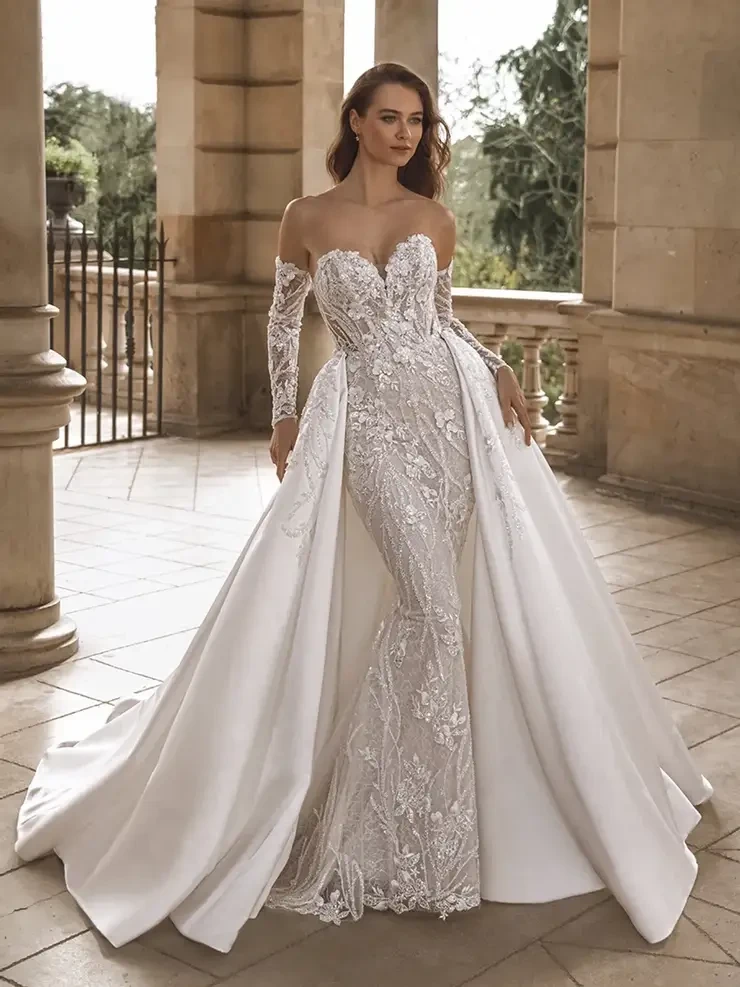 Model wearing a white wedding dress