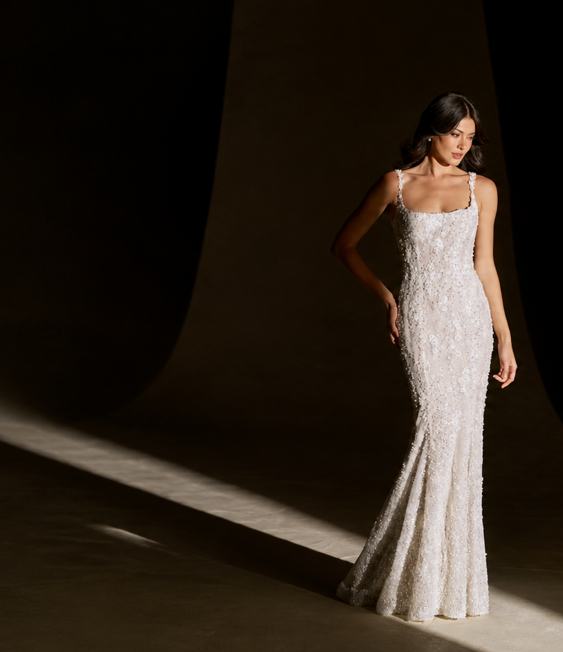 Model wearing a white wedding gown.