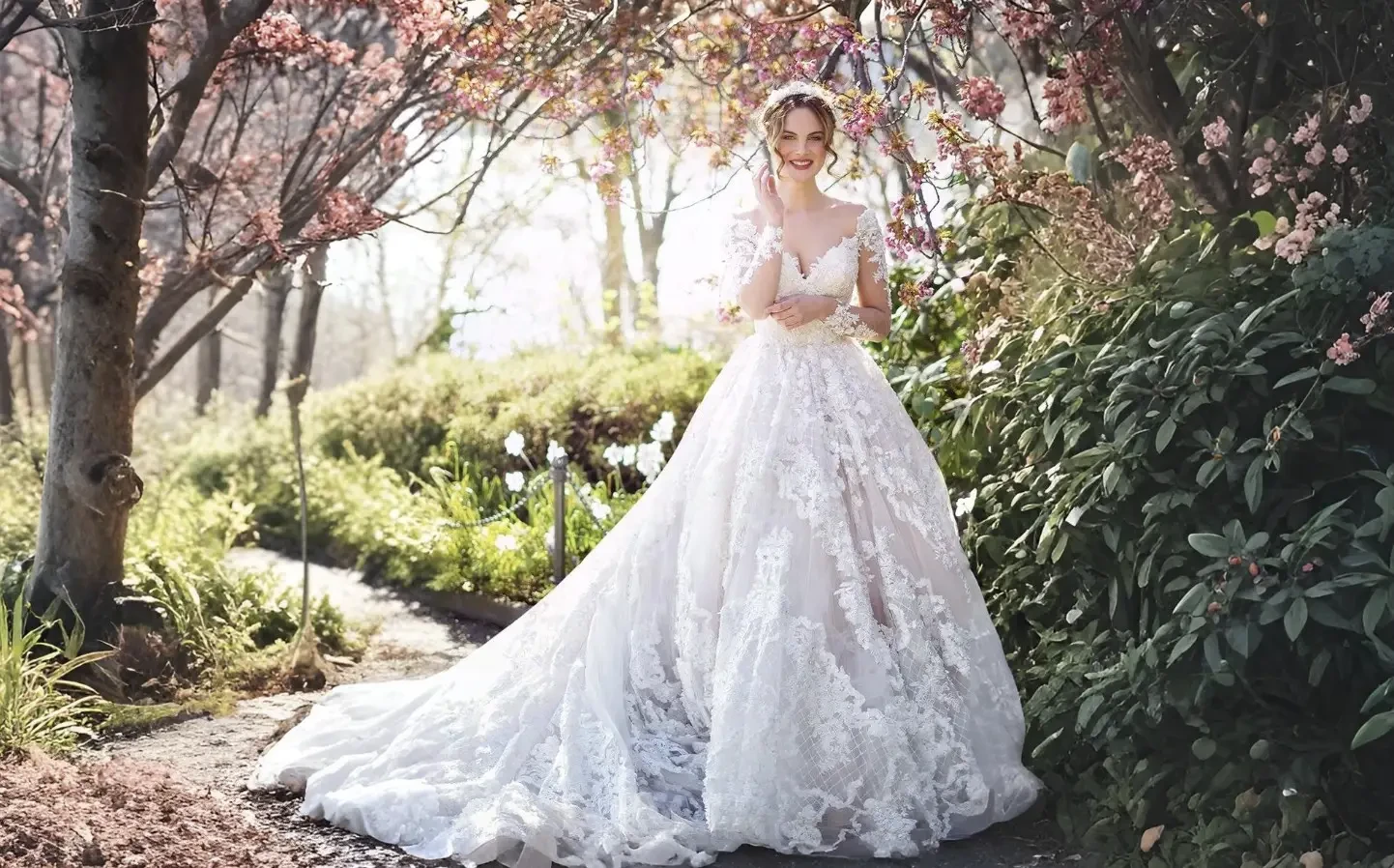 Model wearing a white wedding dress