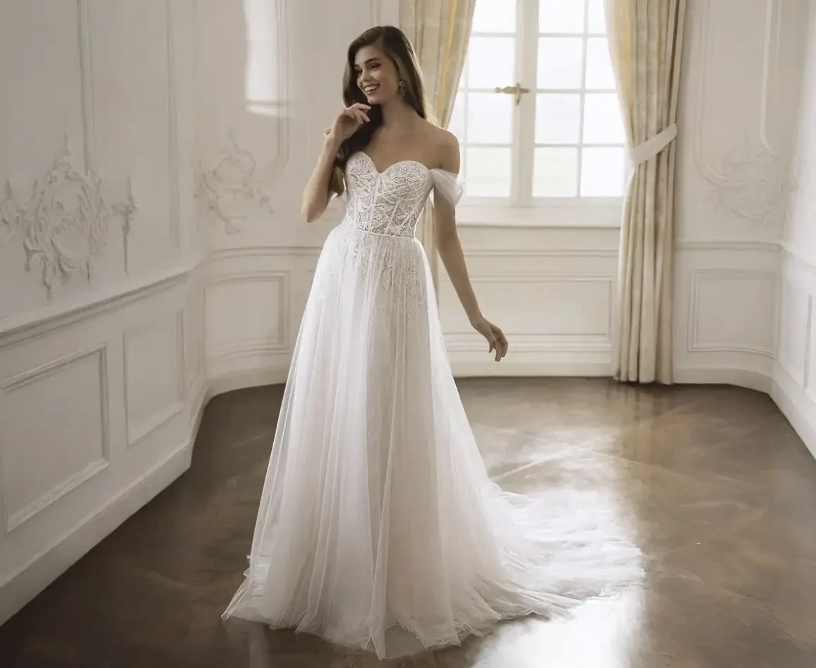 Model wearing a white wedding dress