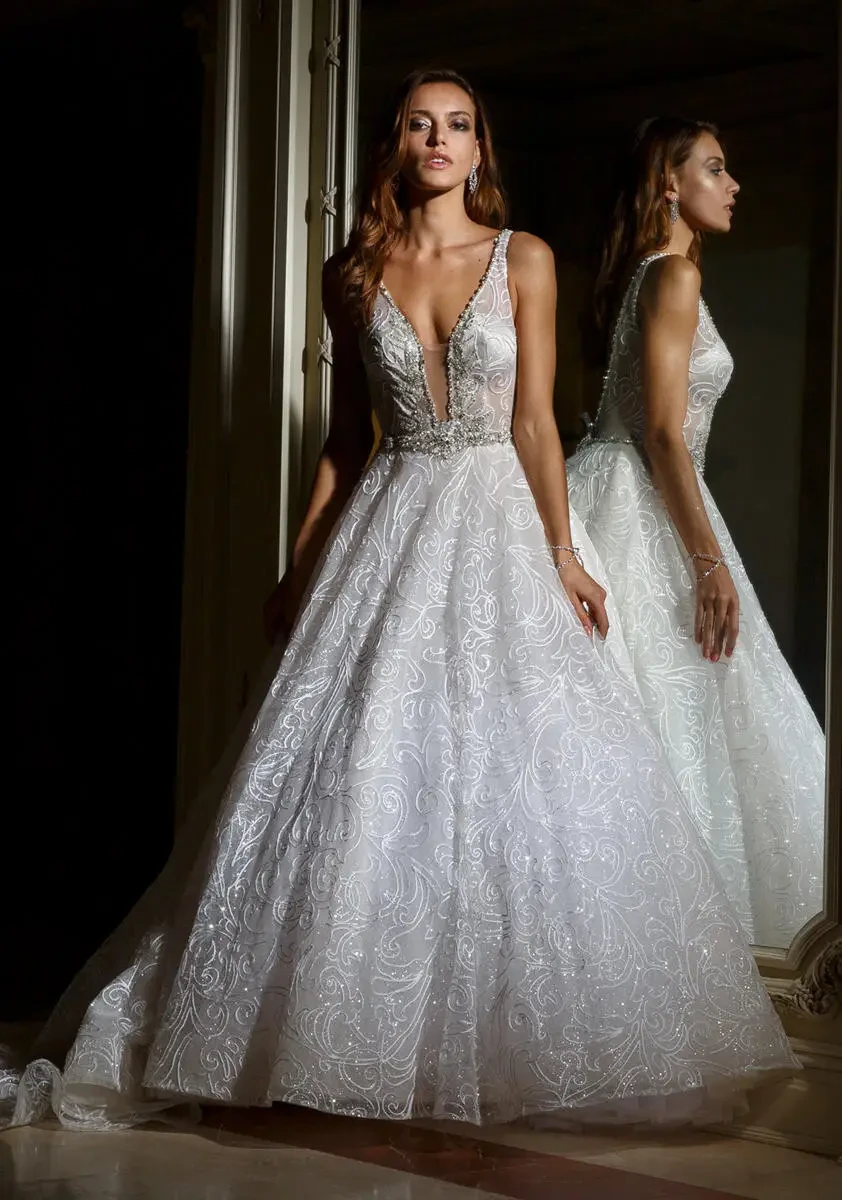 Model wearing a white wedding dress