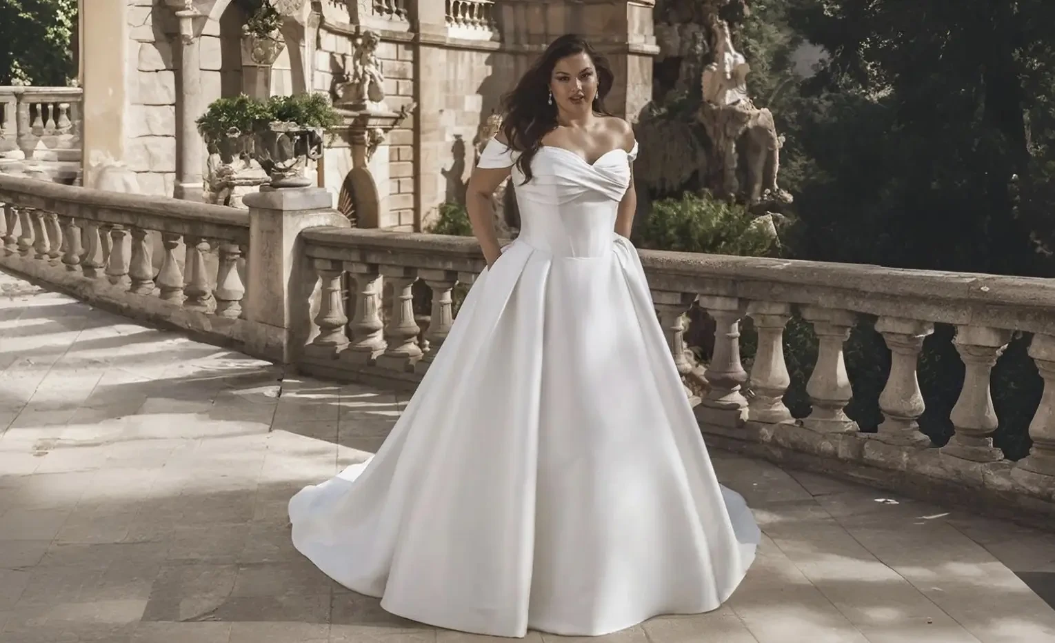 Model wearing a white wedding dress