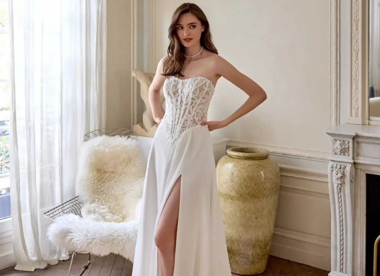 Model wearing a white wedding dress