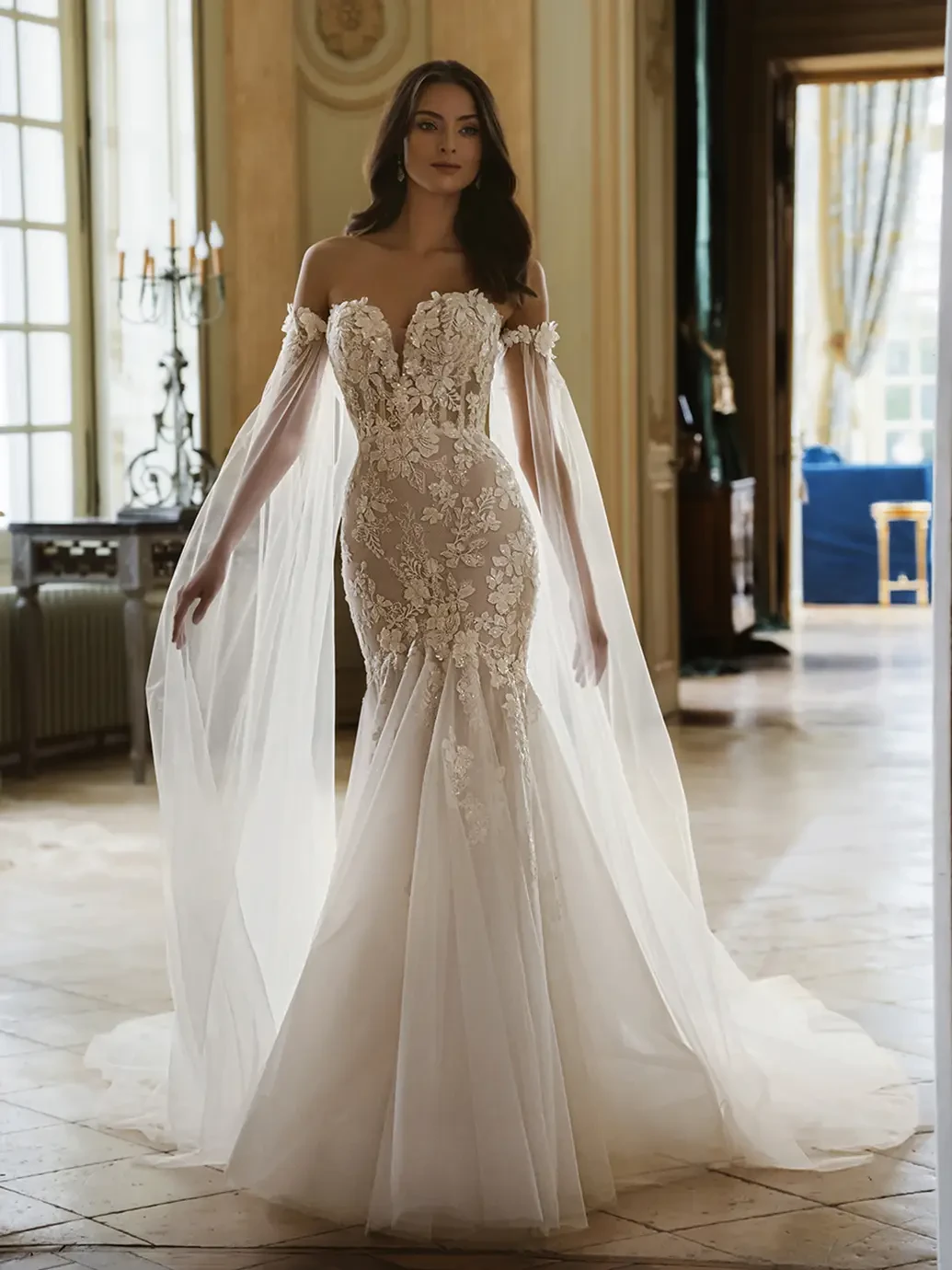 Model wearing a white wedding dress