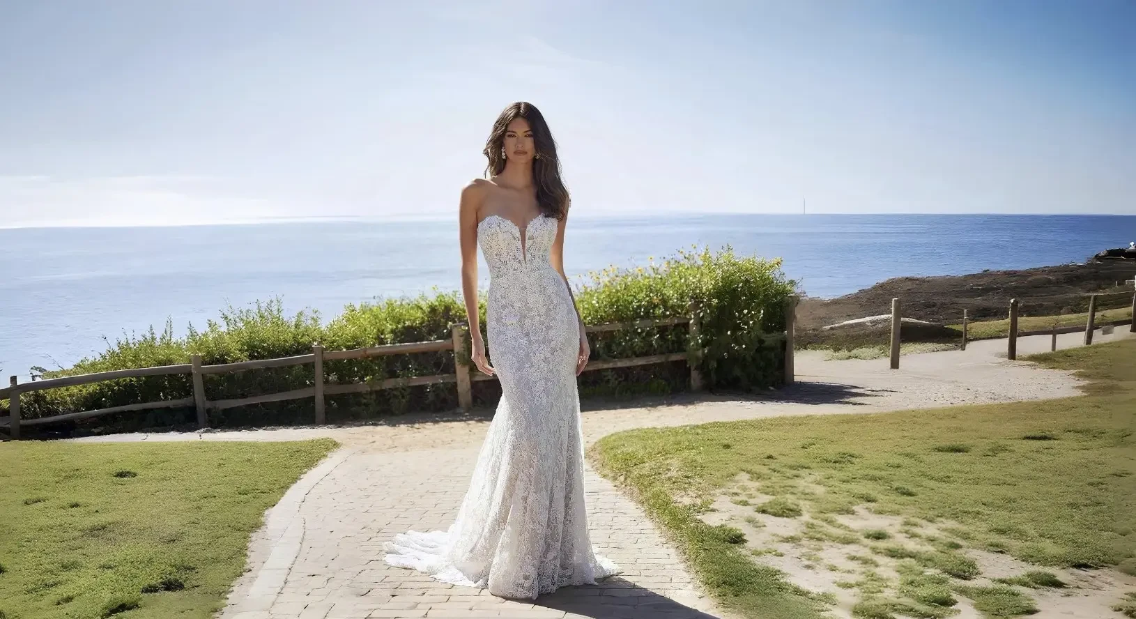 Model wearing a white wedding dress